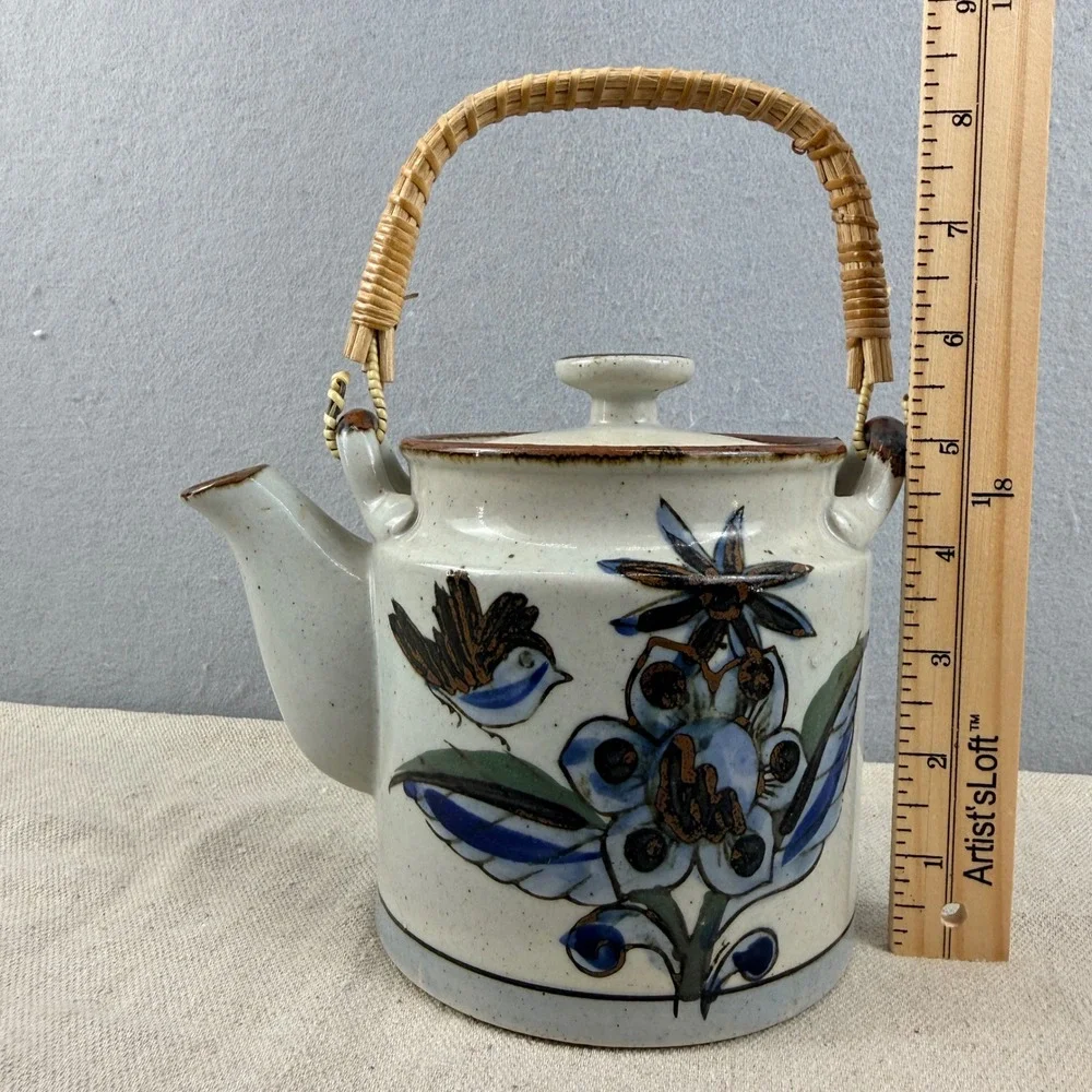 Vintage Tonala Mexican Pottery Tea Set Teapot 3 Cups Bird‎ Floral Burnished